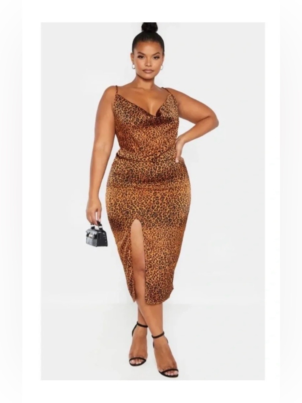 PrettyLittleThing Leopard Print Cowl Neck Midi Slip Dress with Front Slit